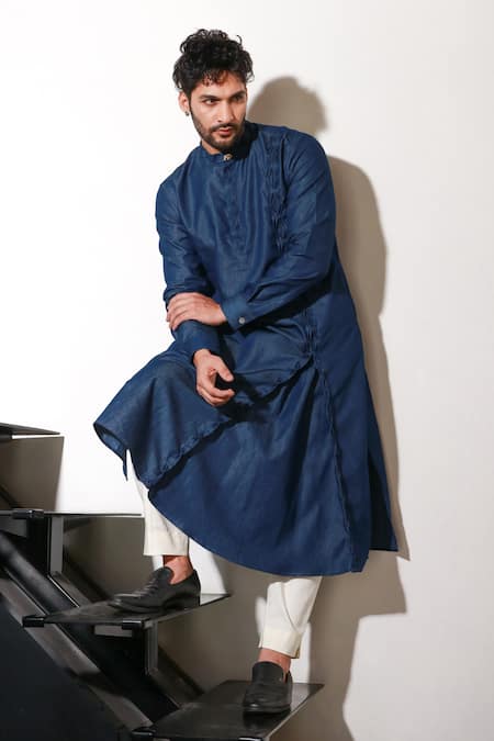 Echke Blue Lycra Pleated Long Sleeve Kurta And Pant Set at Aza Fashions Echke_Blue Lycra Pleated Long Sleeve Kurta And Pant Set _at_Aza_Fashions