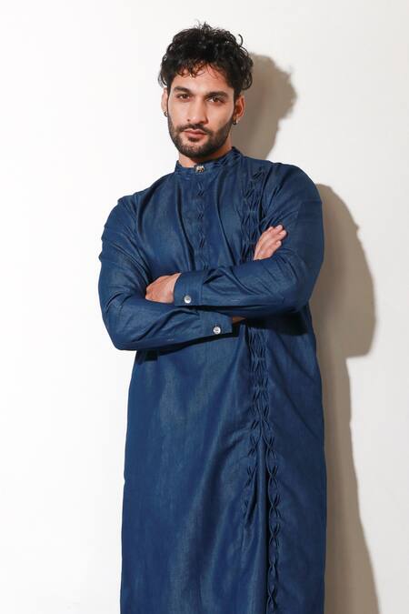 Buy Echke Blue Lycra Pleated Long Sleeve Kurta And Pant Set Buy_Echke_Blue Lycra Pleated Long Sleeve Kurta And Pant Set