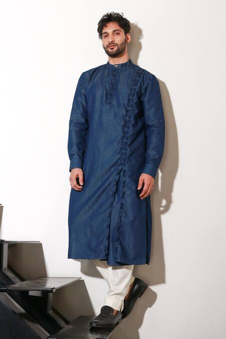 Shop Echke Blue Lycra Pleated Long Sleeve Kurta And Pant Set Shop_Echke_Blue Lycra Pleated Long Sleeve Kurta And Pant Set