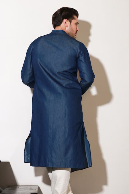 Shop Echke Blue Lycra Straight Kurta And Pant Set at Aza Fashions Shop_Echke_Blue Lycra Straight Kurta And Pant Set _at_Aza_Fashions