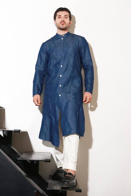 Echke Blue Lycra Straight Kurta And Pant Set Online at Aza Fashions Echke_Blue Lycra Straight Kurta And Pant Set _Online_at_Aza_Fashions