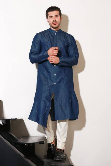 Shop Echke Blue Lycra Straight Kurta And Pant Set Online at Aza Fashions Shop_Echke_Blue Lycra Straight Kurta And Pant Set _Online_at_Aza_Fashions