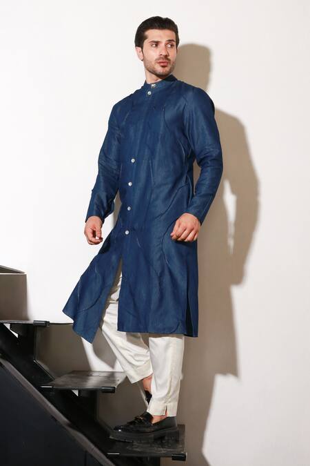 Echke Blue Lycra Straight Kurta And Pant Set at Aza Fashions Echke_Blue Lycra Straight Kurta And Pant Set _at_Aza_Fashions
