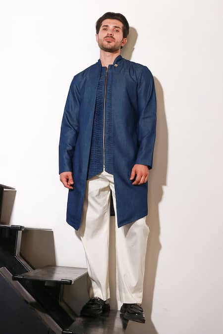 Echke_Blue Lycra Kurta And Pant Set _Online_at_Aza_Fashions