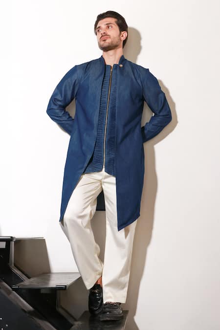 Shop_Echke_Blue Lycra Kurta And Pant Set _Online_at_Aza_Fashions