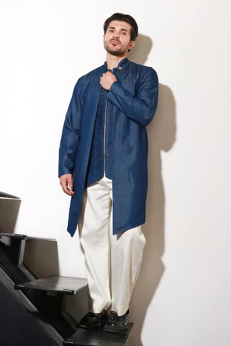 Echke_Blue Lycra Kurta And Pant Set _at_Aza_Fashions