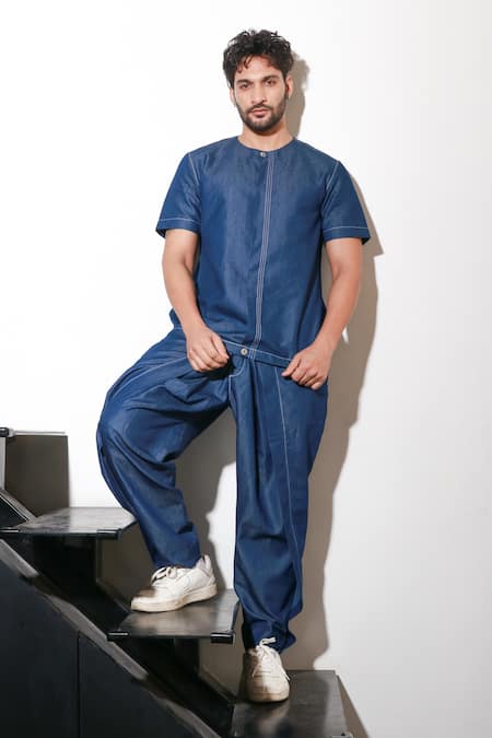 Echke Blue Denim Short Sleeve T-shirt And Pant Set Online at Aza Fashions Echke_Blue Denim Short Sleeve T-shirt And Pant Set _Online_at_Aza_Fashions