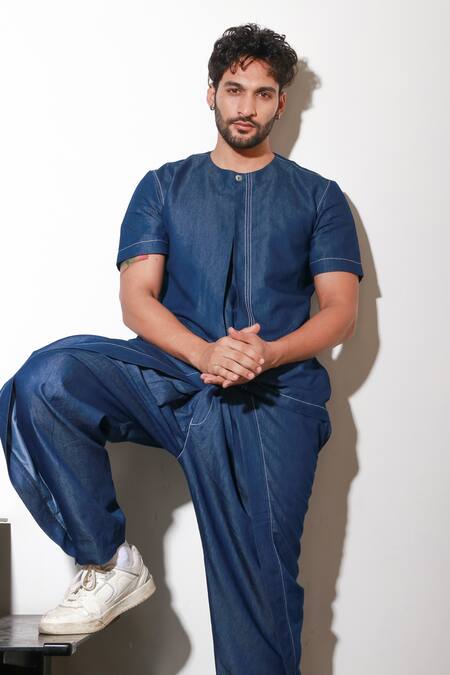 Echke Blue Denim Short Sleeve T-shirt And Pant Set at Aza Fashions Echke_Blue Denim Short Sleeve T-shirt And Pant Set _at_Aza_Fashions