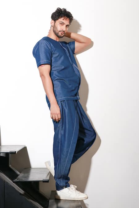 Buy Echke Blue Denim Short Sleeve T-shirt And Pant Set Buy_Echke_Blue Denim Short Sleeve T-shirt And Pant Set