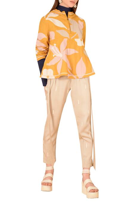 Shop_Sahil Kochhar_Beige Twill Embroidered Trouser _Online_at_Aza_Fashions