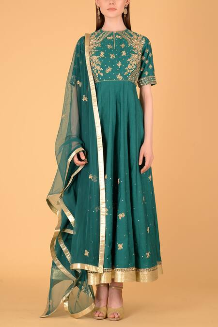 Sahil Kochhar_Green Chanderi Round Anarkali Set _Online_at_Aza_Fashions