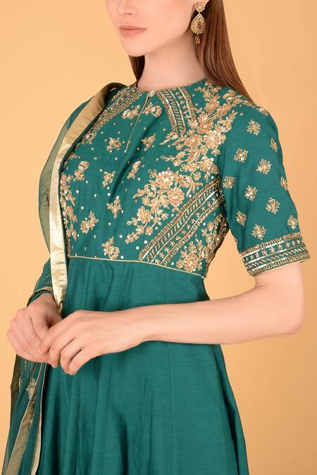 Buy_Sahil Kochhar_Green Chanderi Round Anarkali Set _Online_at_Aza_Fashions