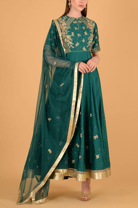 Shop_Sahil Kochhar_Green Chanderi Round Anarkali Set _Online_at_Aza_Fashions