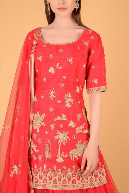 Sahil Kochhar_Red Raw Silk, Net Round Embroidered Kurta Lehenga Set_Online_at_Aza_Fashions