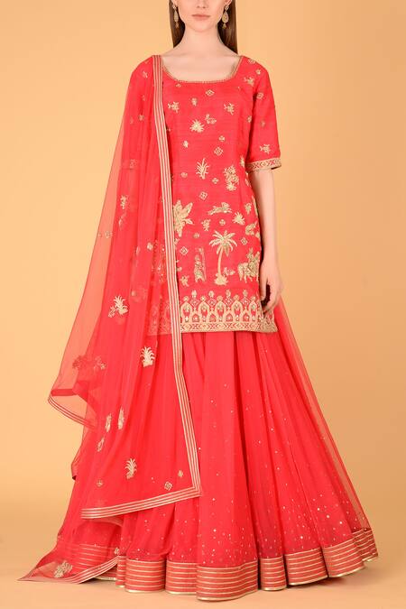 Buy_Sahil Kochhar_Red Raw Silk, Net Round Embroidered Kurta Lehenga Set_Online_at_Aza_Fashions