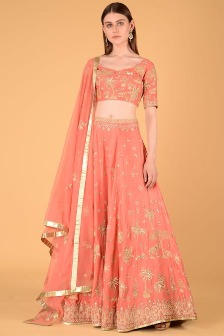 Sahil Kochhar Peach Dupion Leaf Neck Embroidered Bridal Lehenga Set 