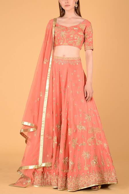 Buy_Sahil Kochhar_Peach Dupion Leaf Neck Embroidered Bridal Lehenga Set_Online_at_Aza_Fashions