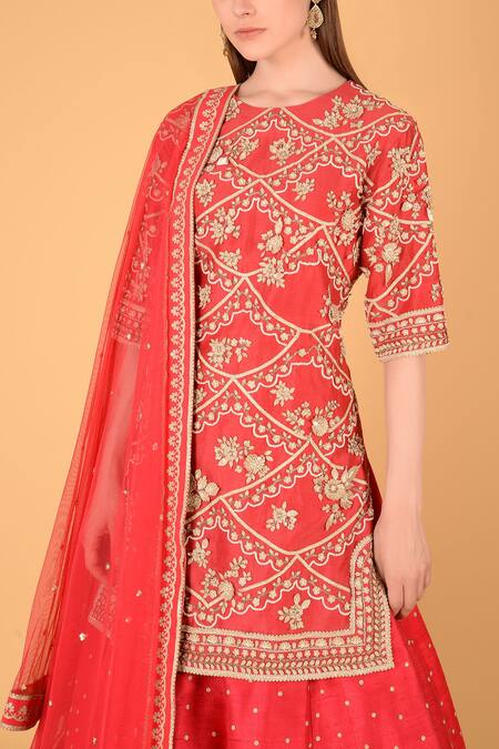 Sahil Kochhar_Pink Raw Silk, Chanderi Round Kurta Lehenga Set_Online_at_Aza_Fashions