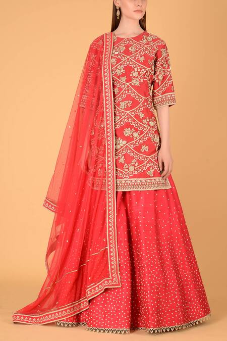 Buy_Sahil Kochhar_Pink Raw Silk, Chanderi Round Kurta Lehenga Set_Online_at_Aza_Fashions