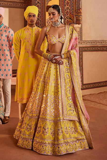 The Royaleum Yellow Lehenga And Blouse Silk Embellished Gulzaar Bead Bridal Set 