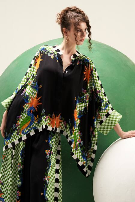 Verb By Pallavi Singhee_Black Viscose, Georgette Embroidery Mandarin Checkered Animal Print Cape Blouse_Online_at_Aza_Fashions