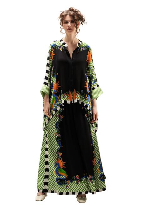 Buy_Verb By Pallavi Singhee_Black Viscose, Georgette Embroidery Mandarin Checkered Animal Print Cape Blouse_Online_at_Aza_Fashions