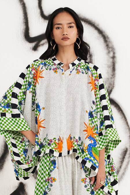 Verb By Pallavi Singhee_White Georgette Mandarin Collar Ecelectic Print Cape Blouse_Online_at_Aza_Fashions