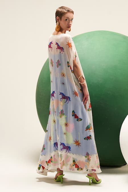 Shop_Verb By Pallavi Singhee_Ivory Animal Print Cape _at_Aza_Fashions