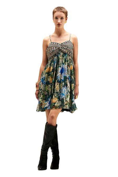 Verb By Pallavi Singhee Blue Viscose, Georgette Sweetheart Neck Floral Print Dress Online at Aza Fashions Verb By Pallavi Singhee_Blue Viscose, Georgette Sweetheart Neck Floral Print Dress _Online_at_Aza_Fashions