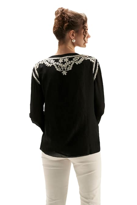 Verb By Pallavi Singhee_Black Cotton, Voile Sequins, Embroidery Round Neck Kurta_Online_at_Aza_Fashions