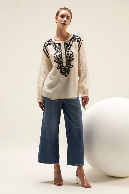 Buy Verb By Pallavi Singhee Ivory Cotton Embroidery Round Neck Thread Kurta Online at Aza Fashions Buy_Verb By Pallavi Singhee_Ivory Cotton Embroidery Round Neck Thread Kurta_Online_at_Aza_Fashions