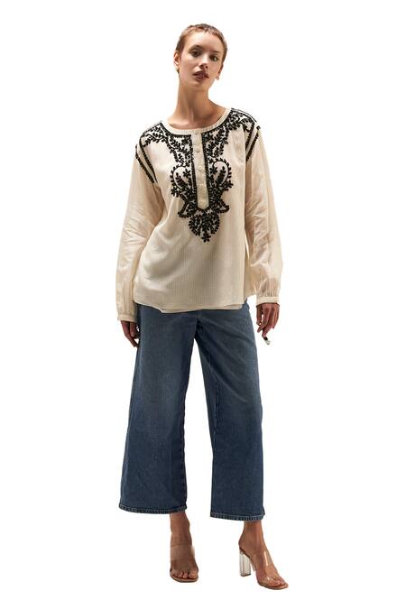 Shop Verb By Pallavi Singhee Ivory Cotton Embroidery Round Neck Thread Kurta Online at Aza Fashions Shop_Verb By Pallavi Singhee_Ivory Cotton Embroidery Round Neck Thread Kurta_Online_at_Aza_Fashions