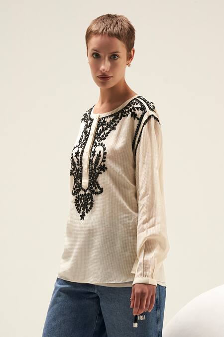 Verb By Pallavi Singhee Ivory Cotton Embroidery Round Neck Thread Kurta at Aza Fashions Verb By Pallavi Singhee_Ivory Cotton Embroidery Round Neck Thread Kurta_at_Aza_Fashions