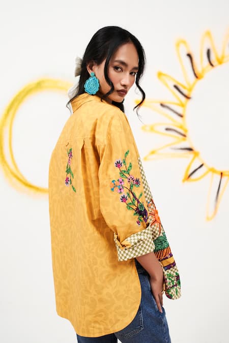 Shop Verb By Pallavi Singhee Yellow Cotton Sequins Collared Checkered Print Shirt at Aza Fashions Shop_Verb By Pallavi Singhee_Yellow Cotton Sequins Collared Checkered Print Shirt _at_Aza_Fashions