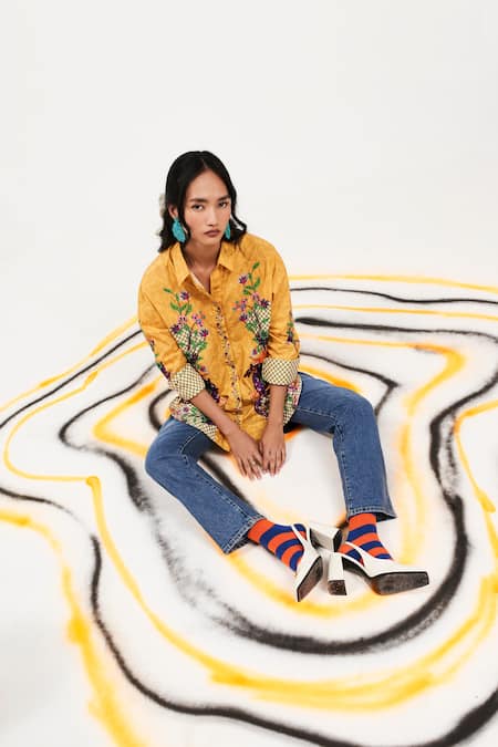 Verb By Pallavi Singhee Yellow Cotton Sequins Collared Checkered Print Shirt Online at Aza Fashions Verb By Pallavi Singhee_Yellow Cotton Sequins Collared Checkered Print Shirt _Online_at_Aza_Fashions