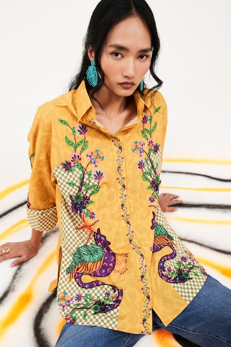 Buy Verb By Pallavi Singhee Yellow Cotton Sequins Collared Checkered Print Shirt Online at Aza Fashions Buy_Verb By Pallavi Singhee_Yellow Cotton Sequins Collared Checkered Print Shirt _Online_at_Aza_Fashions