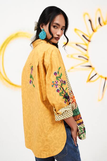Shop Verb By Pallavi Singhee Yellow Cotton Sequins Collared Checkered Print Shirt Online at Aza Fashions Shop_Verb By Pallavi Singhee_Yellow Cotton Sequins Collared Checkered Print Shirt _Online_at_Aza_Fashions