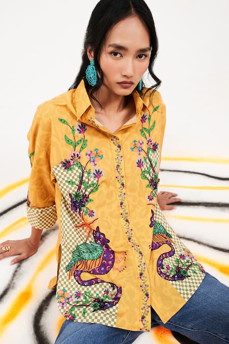 Verb By Pallavi Singhee Yellow Cotton Sequins Collared Checkered Print Shirt at Aza Fashions Verb By Pallavi Singhee_Yellow Cotton Sequins Collared Checkered Print Shirt _at_Aza_Fashions