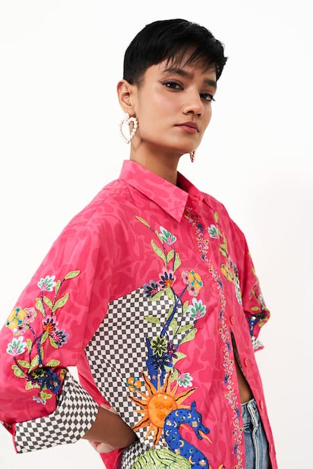 Verb By Pallavi Singhee Pink Cotton Sequins, Beads Collared Embroidered Shirt Online at Aza Fashions Verb By Pallavi Singhee_Pink Cotton Sequins, Beads Collared Embroidered Shirt _Online_at_Aza_Fashions