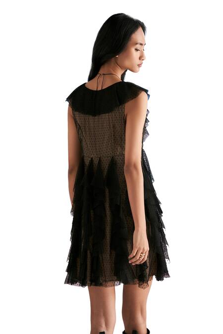 Verb By Pallavi Singhee_Black Tulle V-neck Ruffle Textured Dress_Online_at_Aza_Fashions