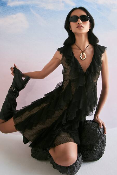 Buy_Verb By Pallavi Singhee_Black Tulle V-neck Ruffle Textured Dress_Online_at_Aza_Fashions