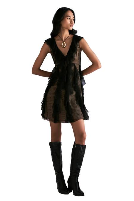 Shop_Verb By Pallavi Singhee_Black Tulle V-neck Ruffle Textured Dress_Online_at_Aza_Fashions