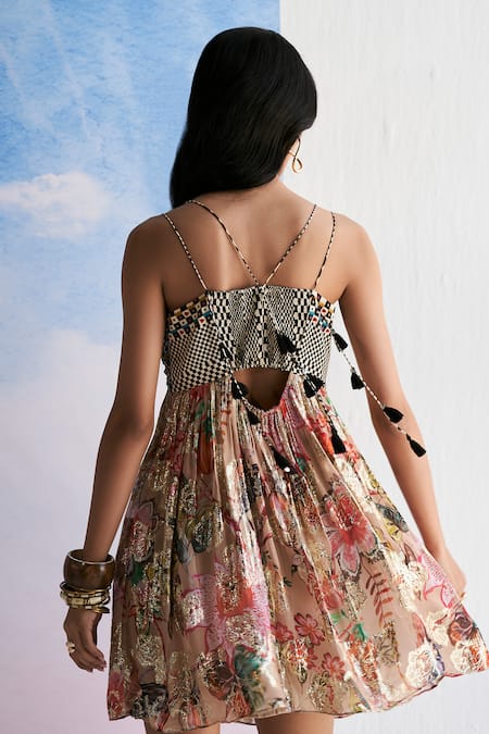 Shop Verb By Pallavi Singhee Multi Color Viscose, Georgette Beads Sweetheart Floral And Checkered Print Dress at Aza Fashions Shop_Verb By Pallavi Singhee_Multi Color Viscose, Georgette Beads Sweetheart Floral And Checkered Print Dress _at_Aza_Fashions