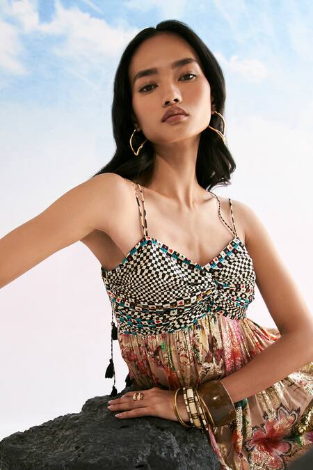 Shop Verb By Pallavi Singhee Multi Color Viscose, Georgette Beads Sweetheart Floral And Checkered Print Dress Online at Aza Fashions Shop_Verb By Pallavi Singhee_Multi Color Viscose, Georgette Beads Sweetheart Floral And Checkered Print Dress _Online_at_Aza_Fashions