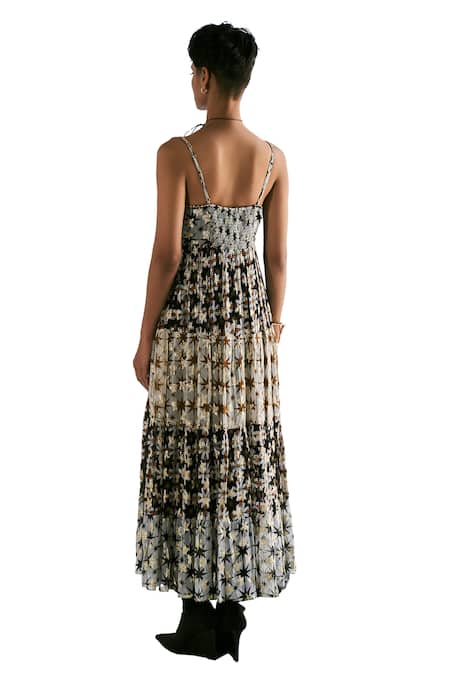 Verb By Pallavi Singhee Black Viscose, Georgette V-neck Checkered Print Tiered Dress Online at Aza Fashions Verb By Pallavi Singhee_Black Viscose, Georgette V-neck Checkered Print Tiered Dress _Online_at_Aza_Fashions