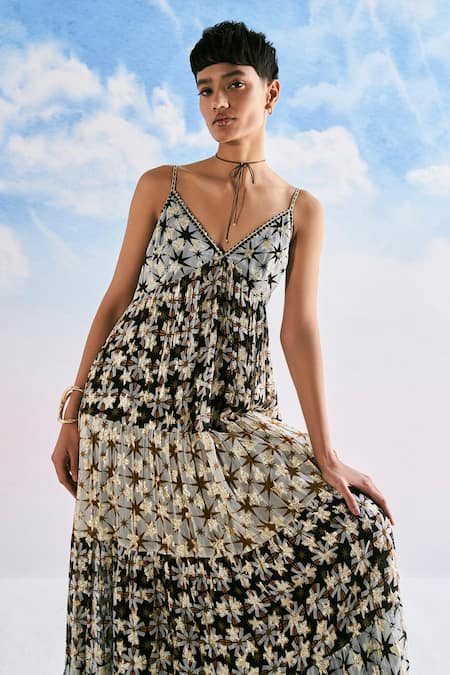 Buy Verb By Pallavi Singhee Black Viscose, Georgette V-neck Checkered Print Tiered Dress Online at Aza Fashions Buy_Verb By Pallavi Singhee_Black Viscose, Georgette V-neck Checkered Print Tiered Dress _Online_at_Aza_Fashions