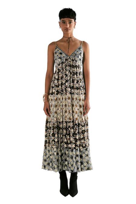 Shop Verb By Pallavi Singhee Black Viscose, Georgette V-neck Checkered Print Tiered Dress Online at Aza Fashions Shop_Verb By Pallavi Singhee_Black Viscose, Georgette V-neck Checkered Print Tiered Dress _Online_at_Aza_Fashions