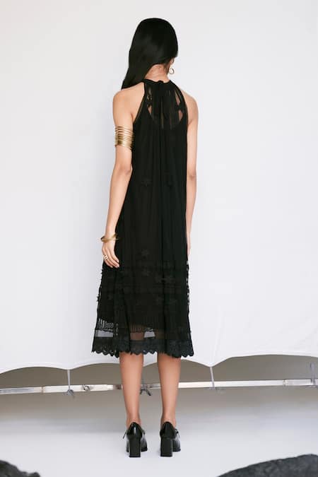 Shop Verb By Pallavi Singhee Black Tulle Embroidery Halter Neck 3d Floral Embellished Dress at Aza Fashions Shop_Verb By Pallavi Singhee_Black Tulle Embroidery Halter Neck 3d Floral Embellished Dress _at_Aza_Fashions
