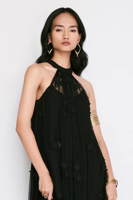 Shop Verb By Pallavi Singhee Black Tulle Embroidery Halter Neck 3d Floral Embellished Dress Online at Aza Fashions Shop_Verb By Pallavi Singhee_Black Tulle Embroidery Halter Neck 3d Floral Embellished Dress _Online_at_Aza_Fashions