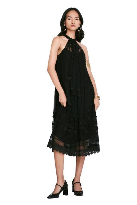 Verb By Pallavi Singhee Black Tulle Embroidery Halter Neck 3d Floral Embellished Dress at Aza Fashions Verb By Pallavi Singhee_Black Tulle Embroidery Halter Neck 3d Floral Embellished Dress _at_Aza_Fashions